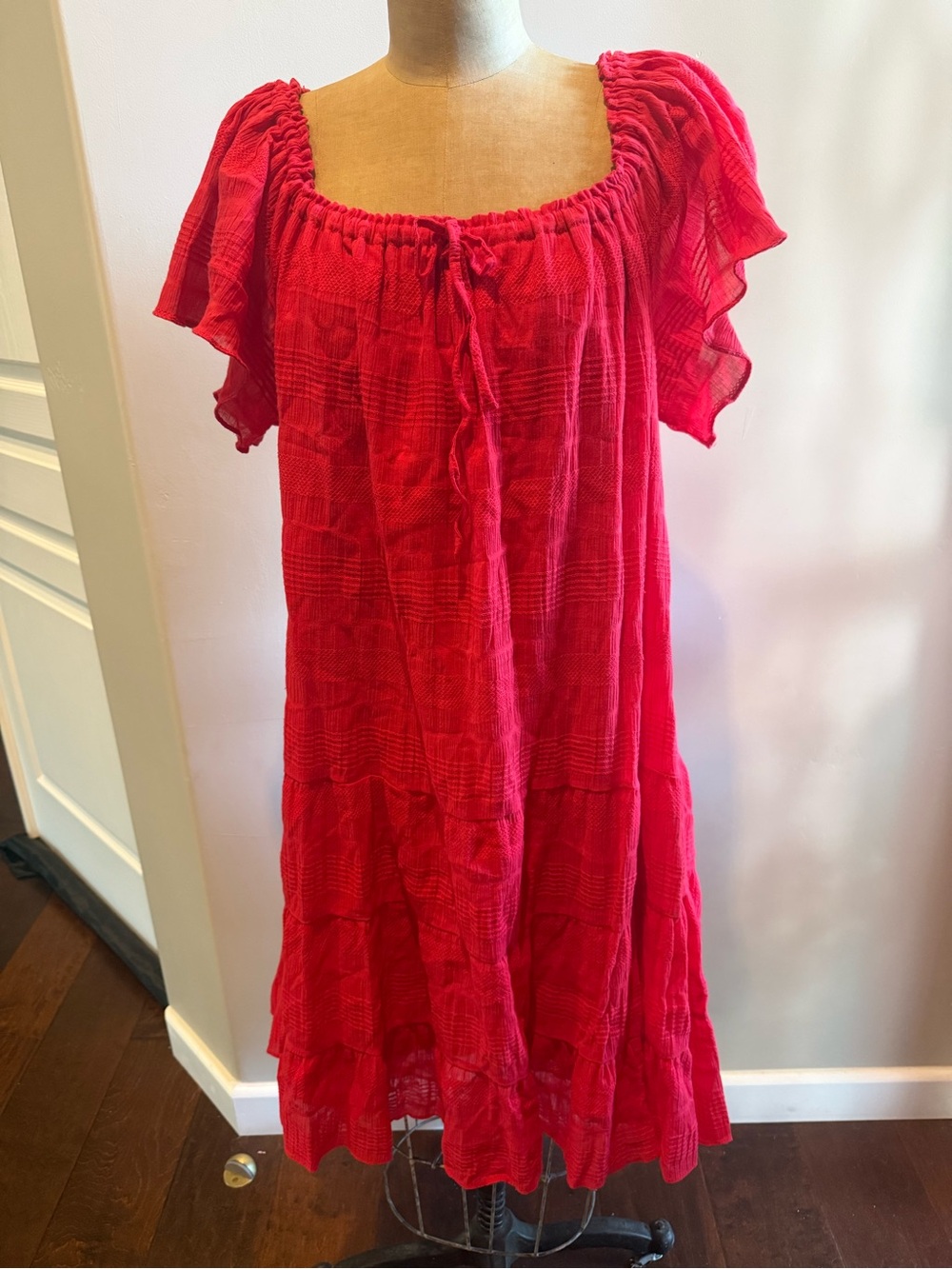 Max Studio Red Peasant-Style Midi Dress